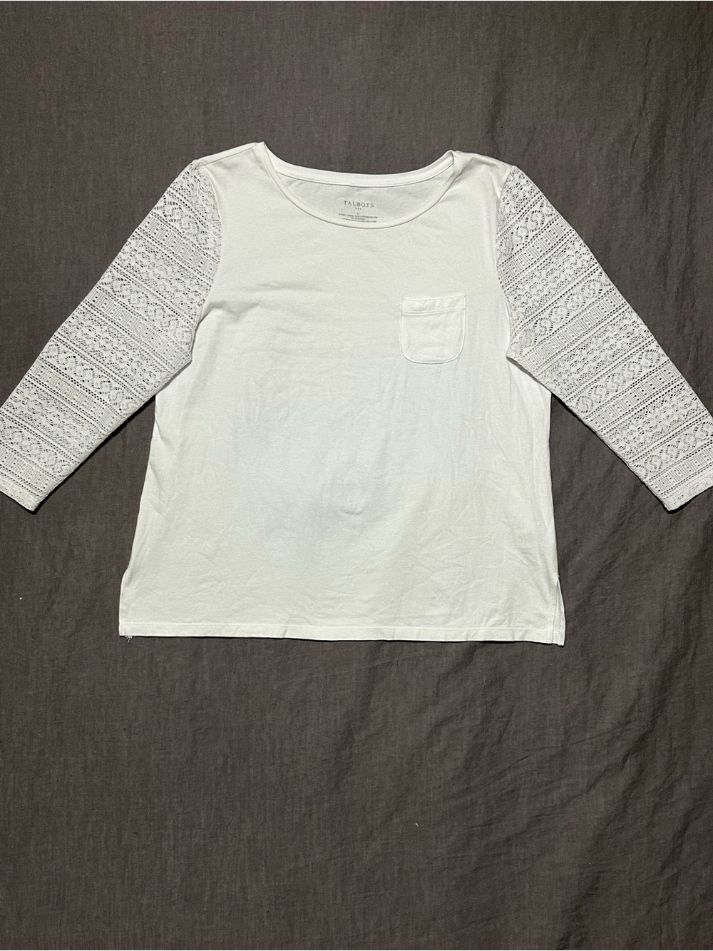 Talbots White Lace-Sleeve Pocket Top